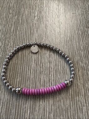 Rustic Cuff Silver Beaded Bracelet with Pink Disc Accents